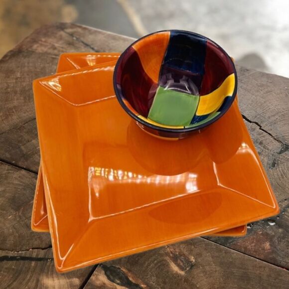 Tabletops Unlimited “Caracas” Bowl (2)Corsica “Clementine” Square Dinner Plates - Picture 1 of 16